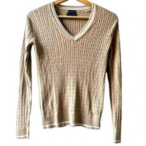 Vintage Tommy Hilfiger tan v-neck sweater size small petite preppy monochrome